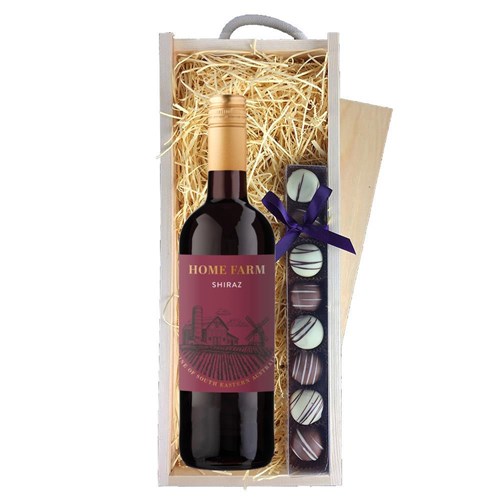 The Home Farm Shiraz 75cl Red Wine & Truffles, Wooden Box